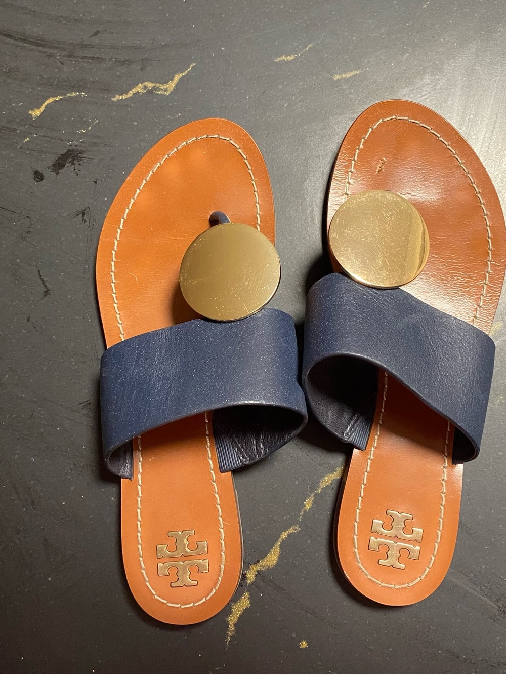 Tory Burch Navy Leather Slide Sandals with Gold Medallion - Picture 5 of 6